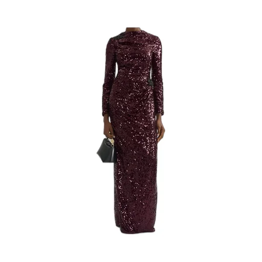Crystal-Embellished Draped Sequined Crepe De Chine Gown