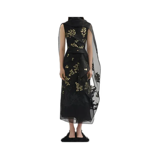 Organza Openwork Pleated Midi Dress