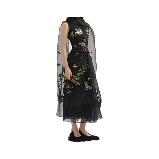 Organza Openwork Pleated Midi Dress