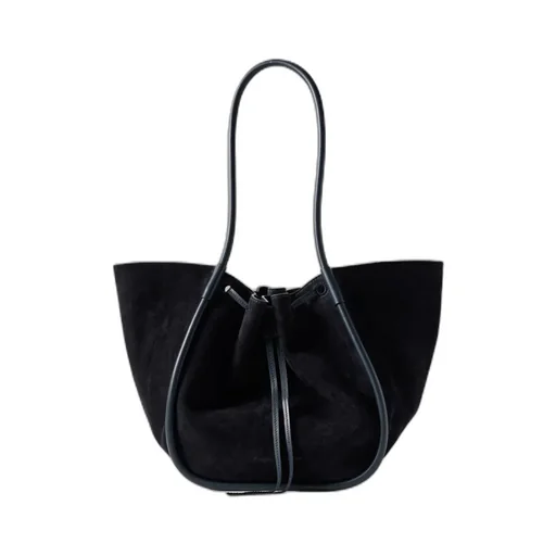 Large Leather-Trimmed Ruched Suede Tote