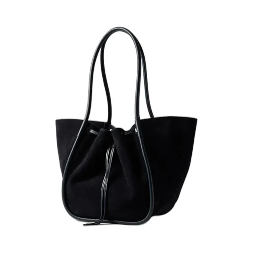 Large Leather-Trimmed Ruched Suede Tote