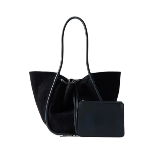 Large Leather-Trimmed Ruched Suede Tote