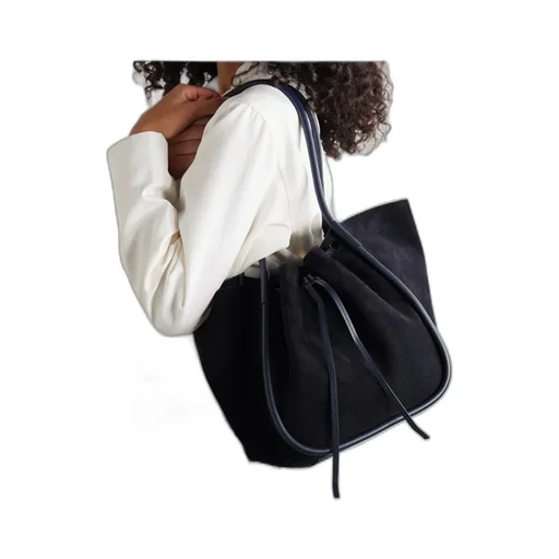 Large Leather-Trimmed Ruched Suede Tote