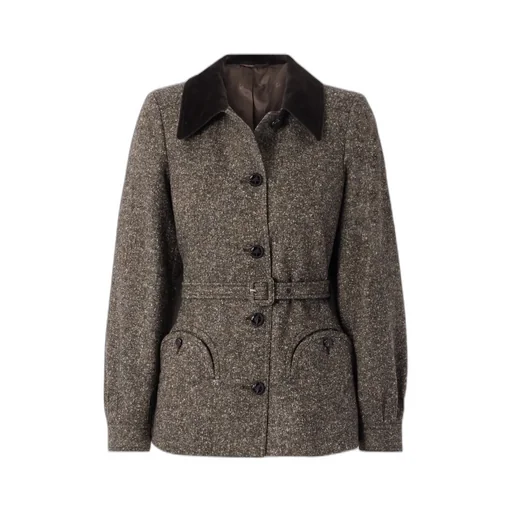 Sarissa Belted Velvet-Trimmed Tweed Jacket