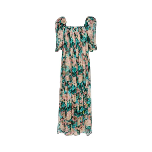Silk Tulle Puff Sleeve Long Dress