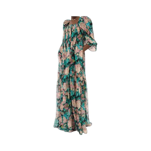 Silk Tulle Puff Sleeve Long Dress