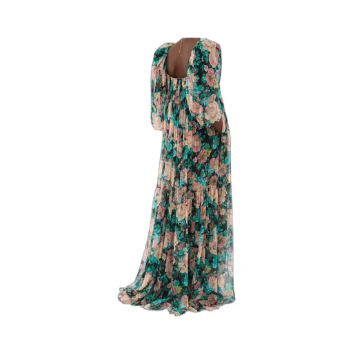 Silk Tulle Puff Sleeve Long Dress