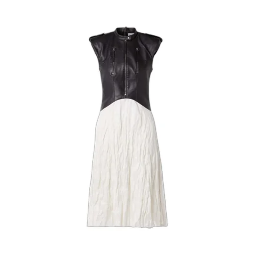 Athena Paneled Leather And Crinkled Silk-Blend Twill Midi Dress