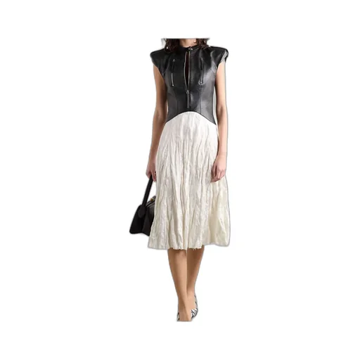 Athena Paneled Leather And Crinkled Silk-Blend Twill Midi Dress