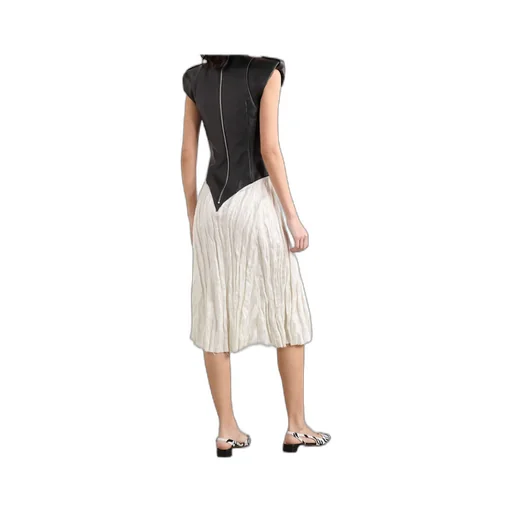 Athena Paneled Leather And Crinkled Silk-Blend Twill Midi Dress
