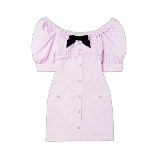Velvet-Trimmed Ruffled Cotton-Poplin Mini Dress