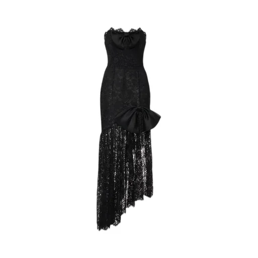 Bow-Detailed Strapless Asymmetric Silk-Lace Dress
