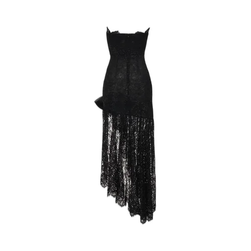 Bow-Detailed Strapless Asymmetric Silk-Lace Dress