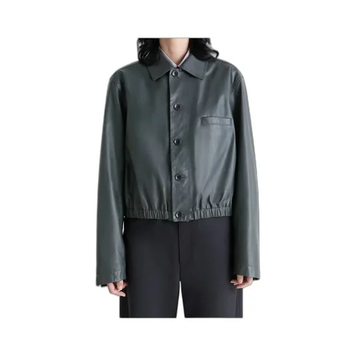 Buttoned-Up Elasticated Leather Jacket