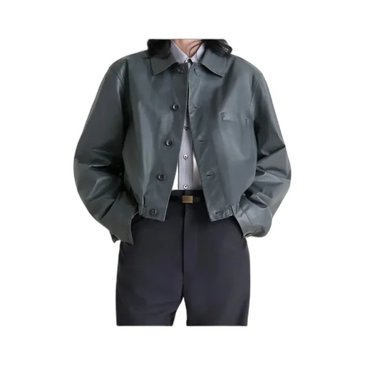 Buttoned-Up Elasticated Leather Jacket