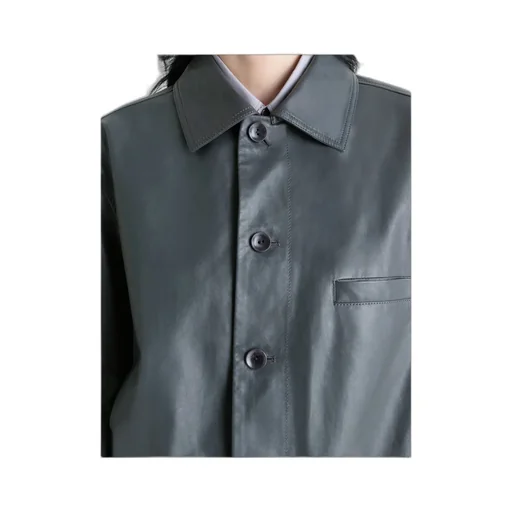 Buttoned-Up Elasticated Leather Jacket