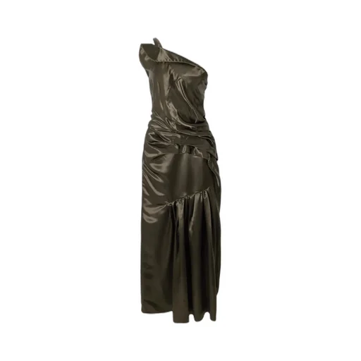 One-Shoulder Gathered Pleated Satin Midi Dress