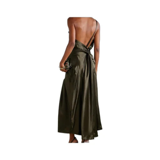 One-Shoulder Gathered Pleated Satin Midi Dress