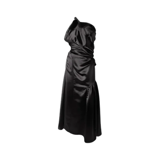 One-Shoulder Gathered Pleated Satin Midi Dress