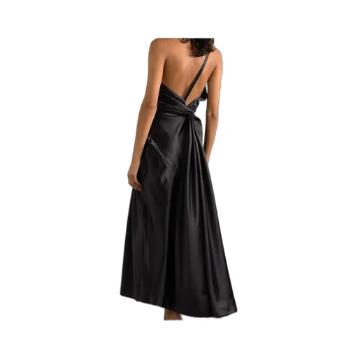 One-Shoulder Gathered Pleated Satin Midi Dress