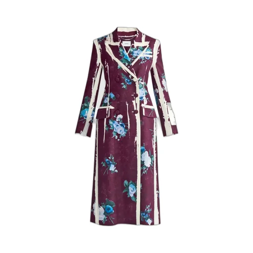 Double-Breasted Floral-Print Satin Coat