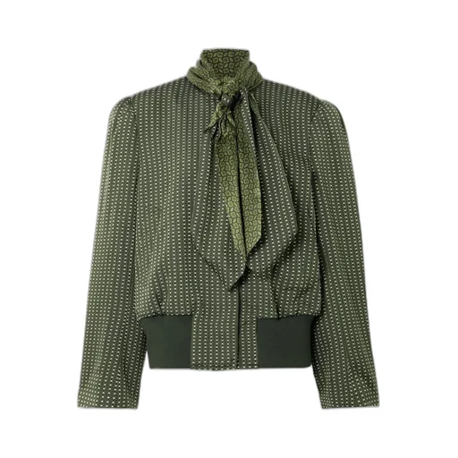 Tie-Neck Printed Satin-Trimmed Twill Bomber Jacket