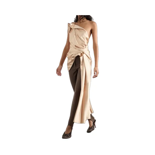 Asymmetric Open-Back Gathered Satin Blouse