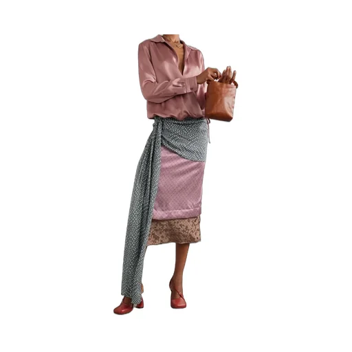 Gathered Draped Layered Printed Satin Midi Skirt