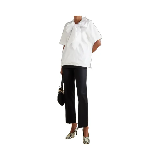 Tie-Neck Gathered Cotton-Poplin Blouse