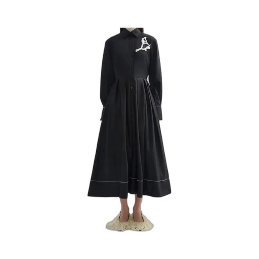 Embroidered Pleated Cotton-Poplin Midi Shirt Dress