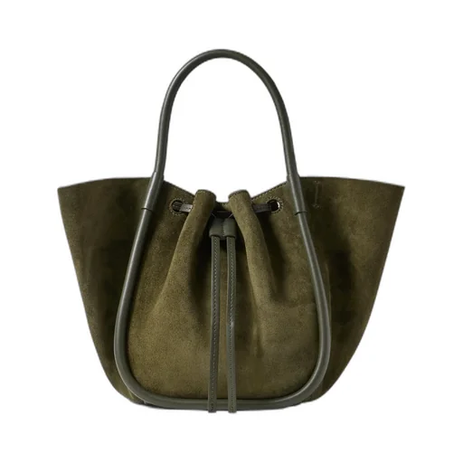 Small Leather-Trimmed Pleated Suede Shoulder Bag