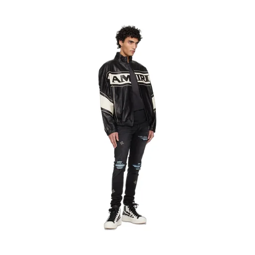 Amiri Maxi Logo High-Neck Zipped Leather Jacket
