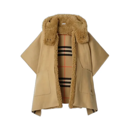Reversible Shearling Trim Check Cashmere Cape