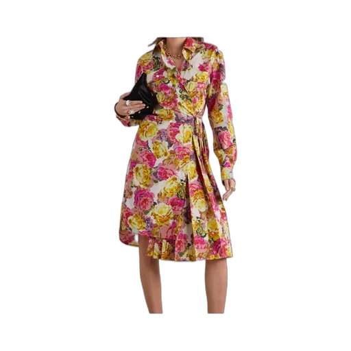 Pleated Floral Print Dress With Belt