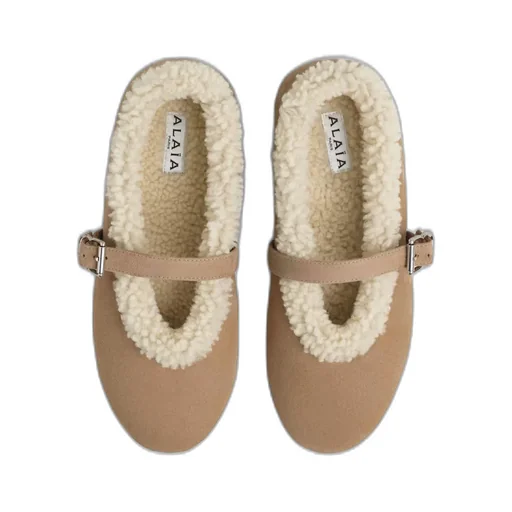 Shearling-Trimmed Buckled Ballet Flats