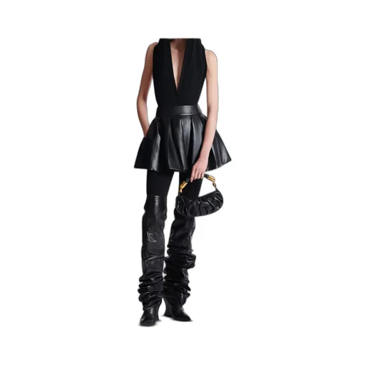 Short Pleated Faux Leather Skirt