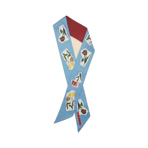 Blue Silk Scarf With Flower Collage