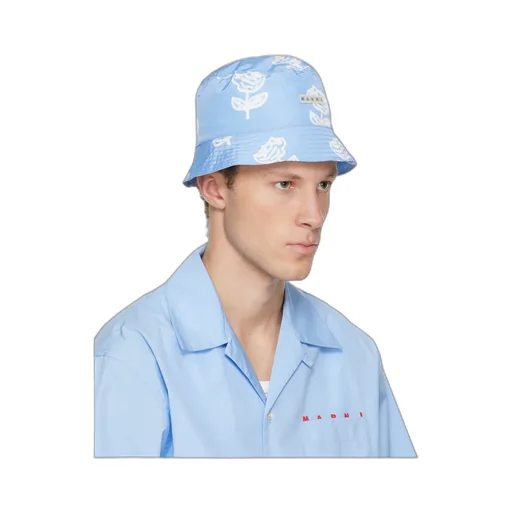 Light Blue Taffeta Bucket Hat With Sprayed Roses Print