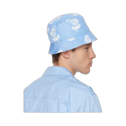 Light Blue Taffeta Bucket Hat With Sprayed Roses Print