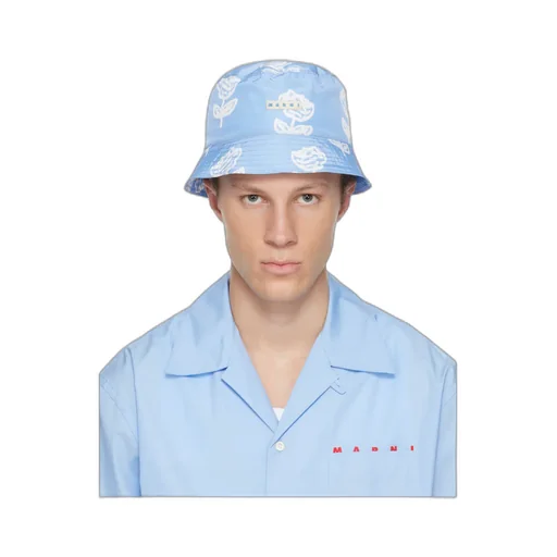 Light Blue Taffeta Bucket Hat With Sprayed Roses Print