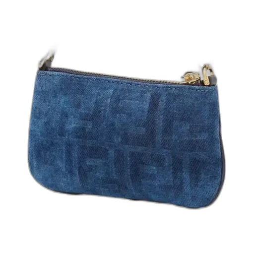 Baguette Pouch Mini Blue Flocked Ff Denim Pouch