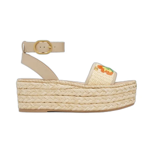 Polished Leather And Woven Raffia Platform Sandals