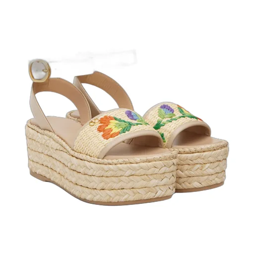 Polished Leather And Woven Raffia Platform Sandals