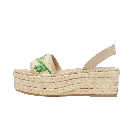 Polished Leather And Woven Raffia Platform Sandals