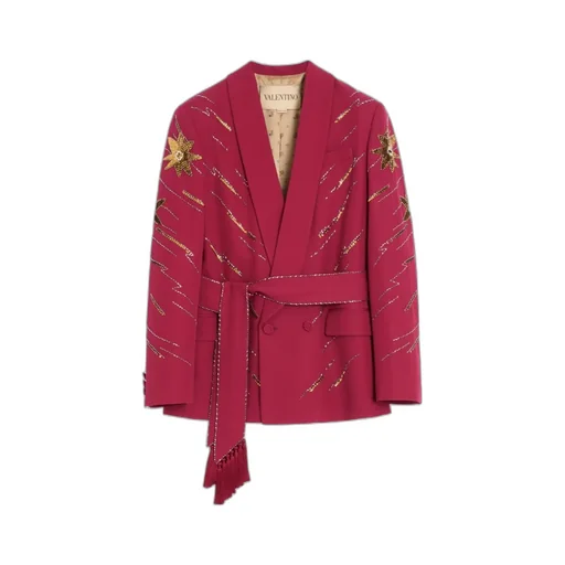 Valentino Embroidered Belted Jacket In Grain De Poudre Wool