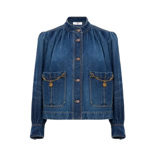 Chloé High-Neck Gathered Denim Jacket