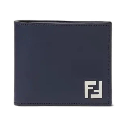 Dark Blue Leather And Ff Canvas Compact Bi-Fold Wallet