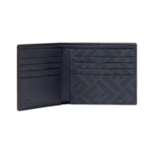 Dark Blue Leather And Ff Canvas Compact Bi-Fold Wallet