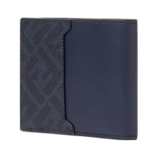 Dark Blue Leather And Ff Canvas Compact Bi-Fold Wallet