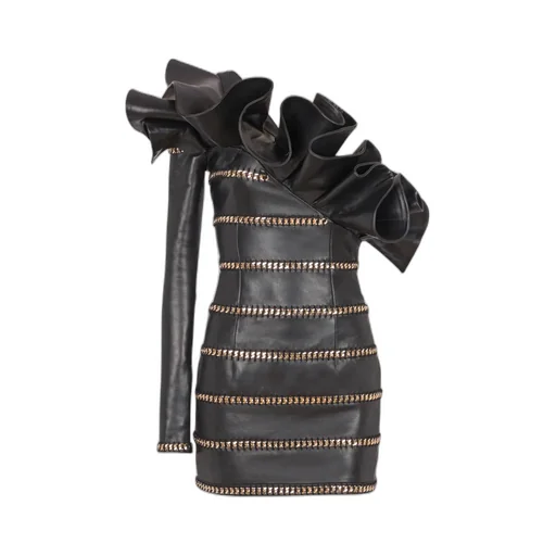 Asymmetric Leather Bodycon Dress With Chains